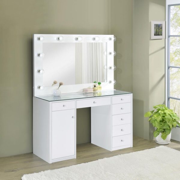 Acena - 7-Drawer Vanity Set With Lighting - White High Gloss For Discount